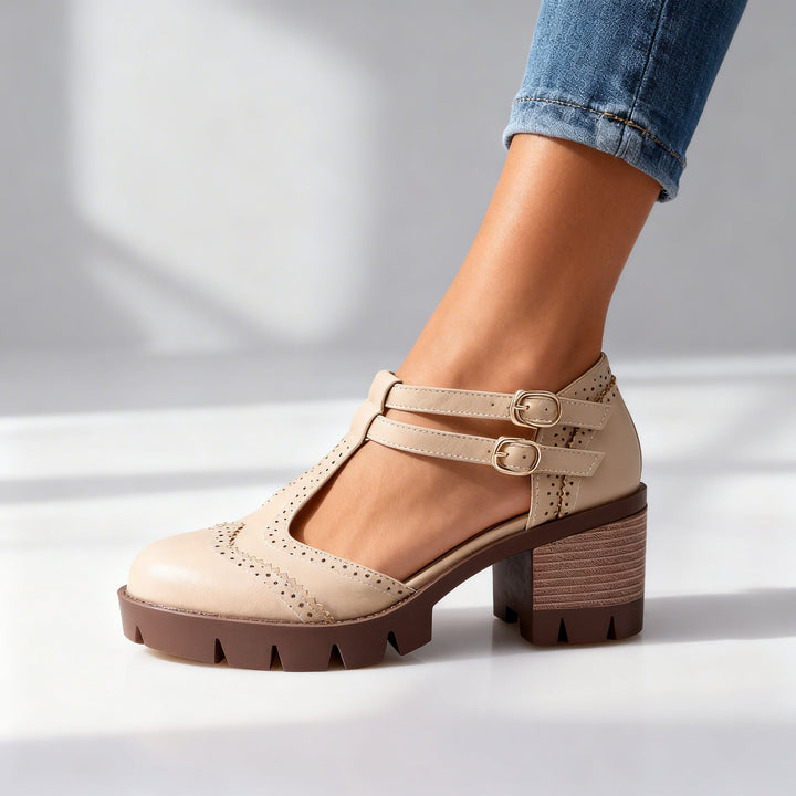Women's Brogue Mary Jane Loafers with Twin Buckle Strap