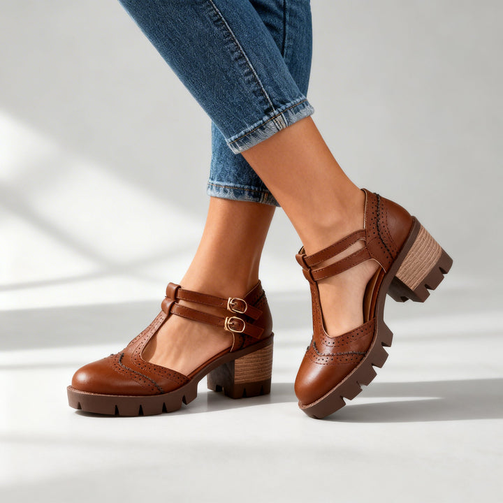 Women's Brogue Mary Jane Loafers with Twin Buckle Strap