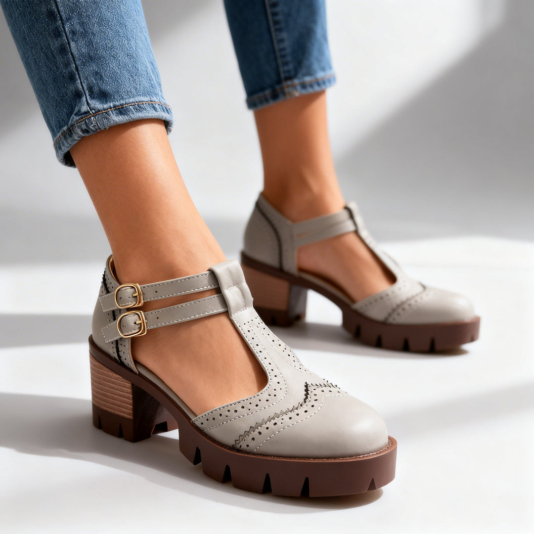 Women's Brogue Mary Jane Loafers with Twin Buckle Strap