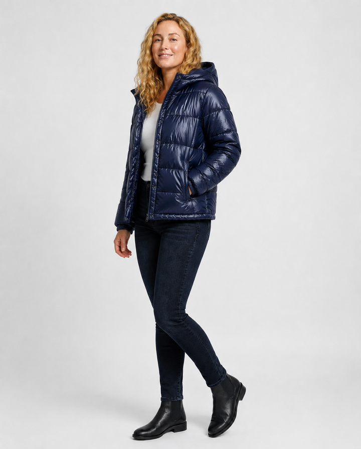 Women's Glossy Puffer Jacket with Padded Hood