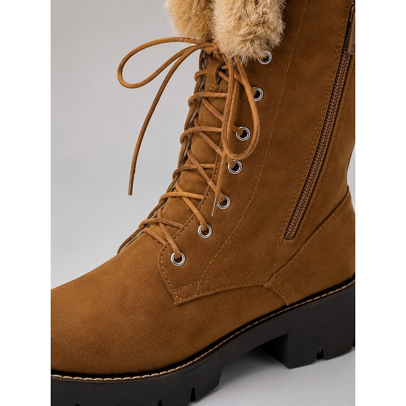 Women's Fur-Trimmed Knee-High Boots with Lace-Up Front