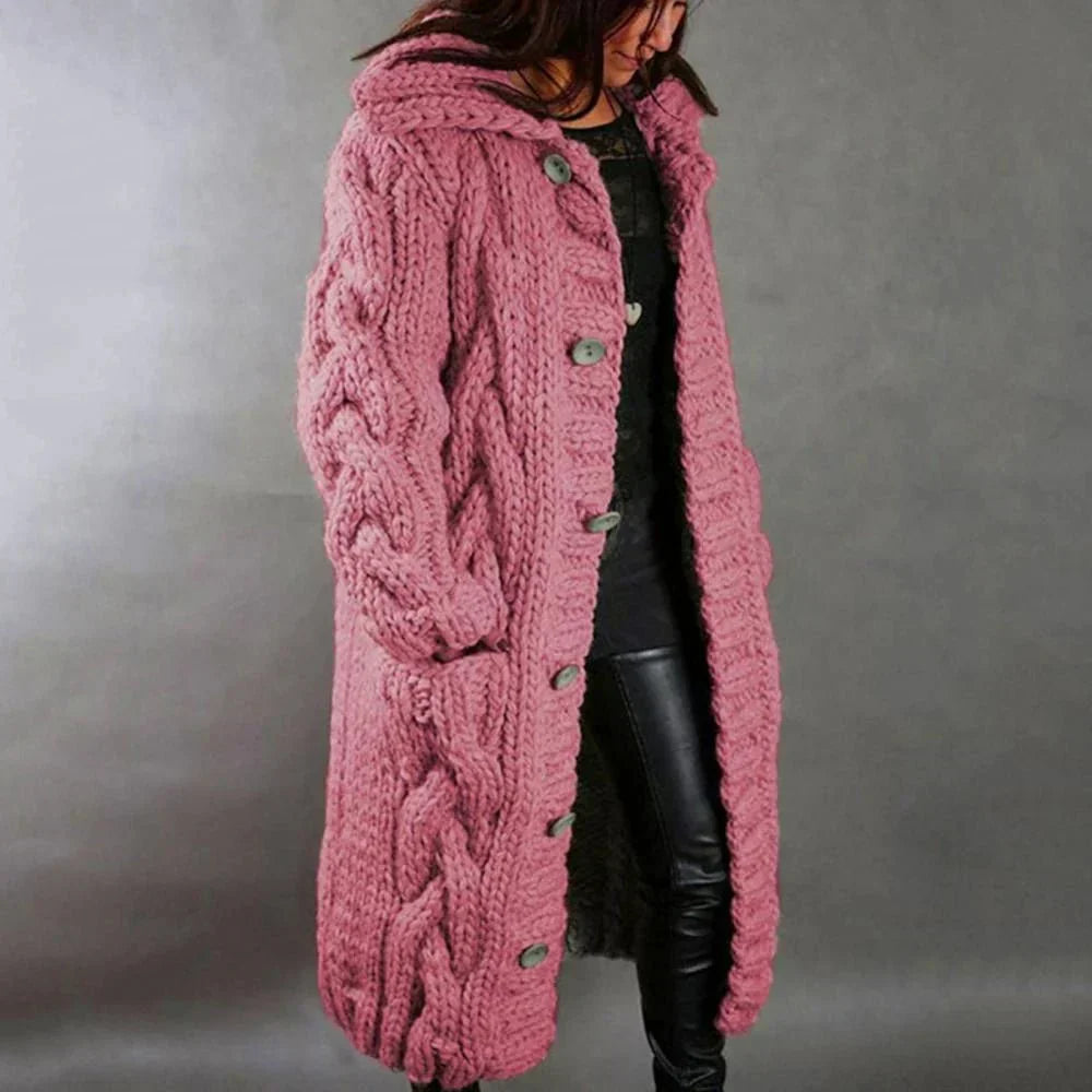 Women's Chunky Cable Knit Longline Cardigan with Button Front