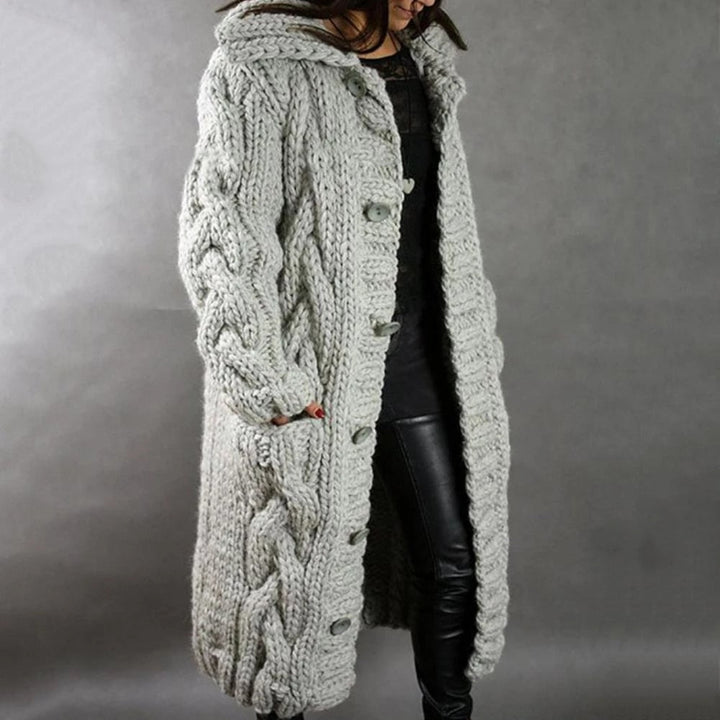 Women's Chunky Cable Knit Longline Cardigan with Button Front