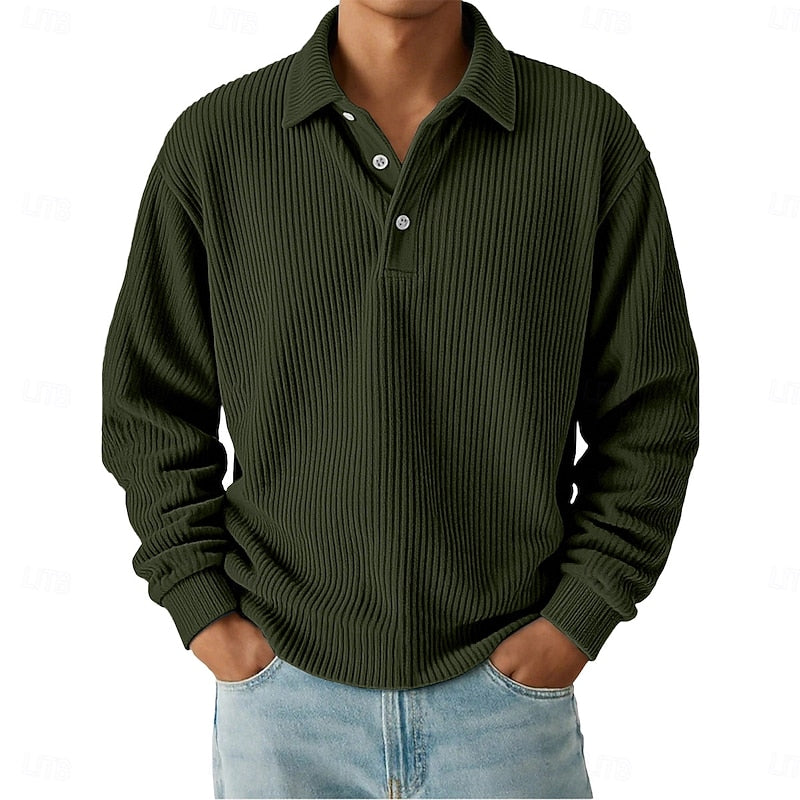 Men's Ribbed Knit Polo Shirt with Button Placket