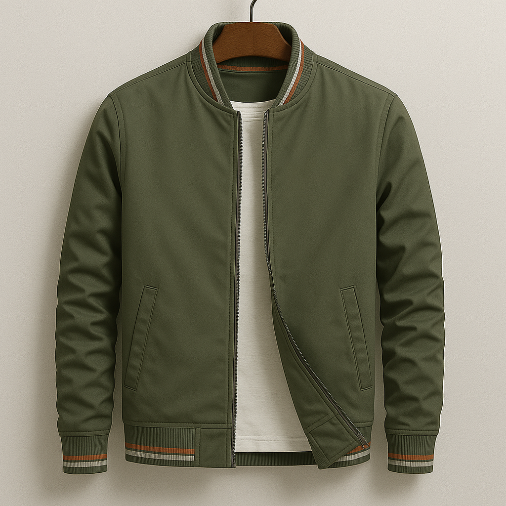 Men's Bomber Jacket with Striped Ribbed Trim