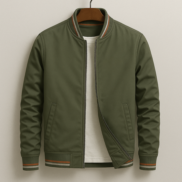 Men's Bomber Jacket with Striped Ribbed Trim