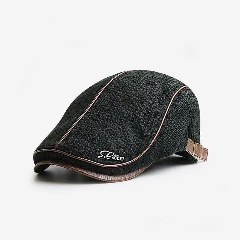 Ribbed Knit Flat Cap with Leather Trim