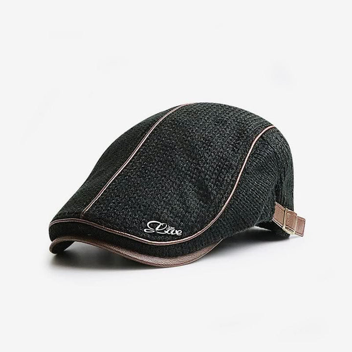 Ribbed Knit Flat Cap with Leather Trim