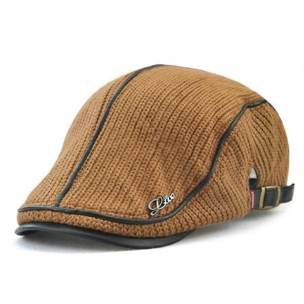 Ribbed Knit Flat Cap with Leather Trim