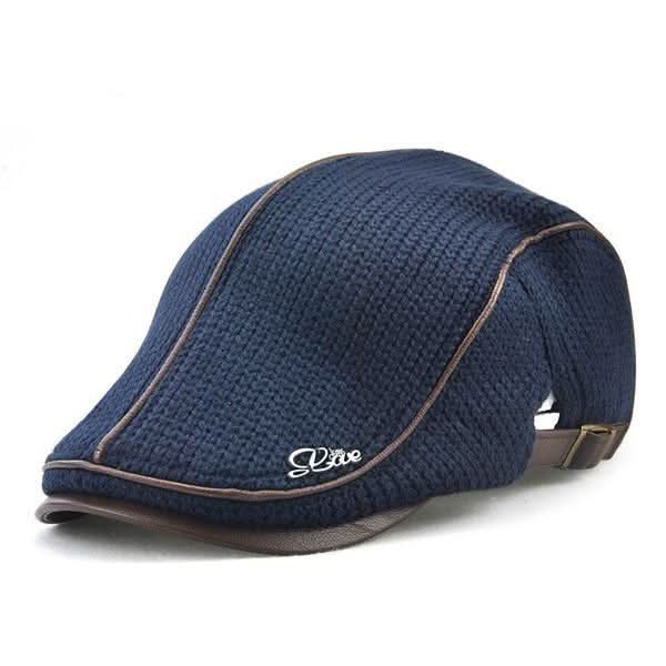 Ribbed Knit Flat Cap with Leather Trim
