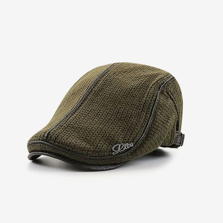 Ribbed Knit Flat Cap with Leather Trim