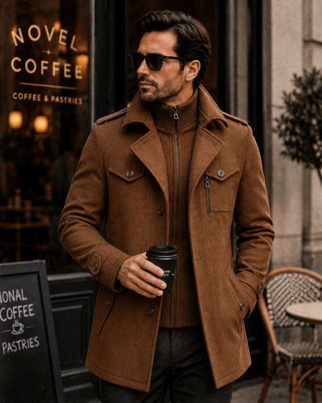 Men's Wool Overcoat with Knit Funnel Collar