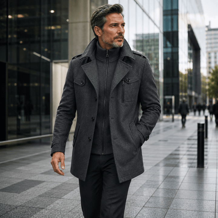 Men's Wool Overcoat with Knit Funnel Collar