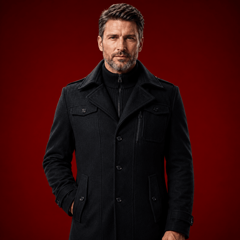Men's Wool Overcoat with Knit Funnel Collar