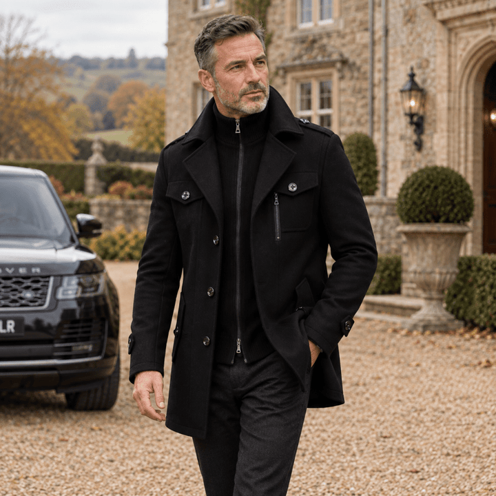 Men's Wool Overcoat with Knit Funnel Collar