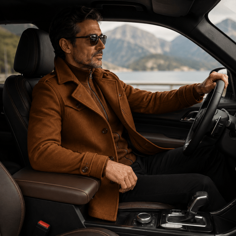 Men's Wool Overcoat with Knit Funnel Collar
