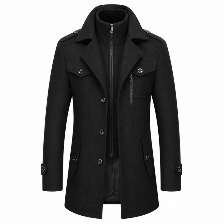 Men's Wool Overcoat with Knit Funnel Collar