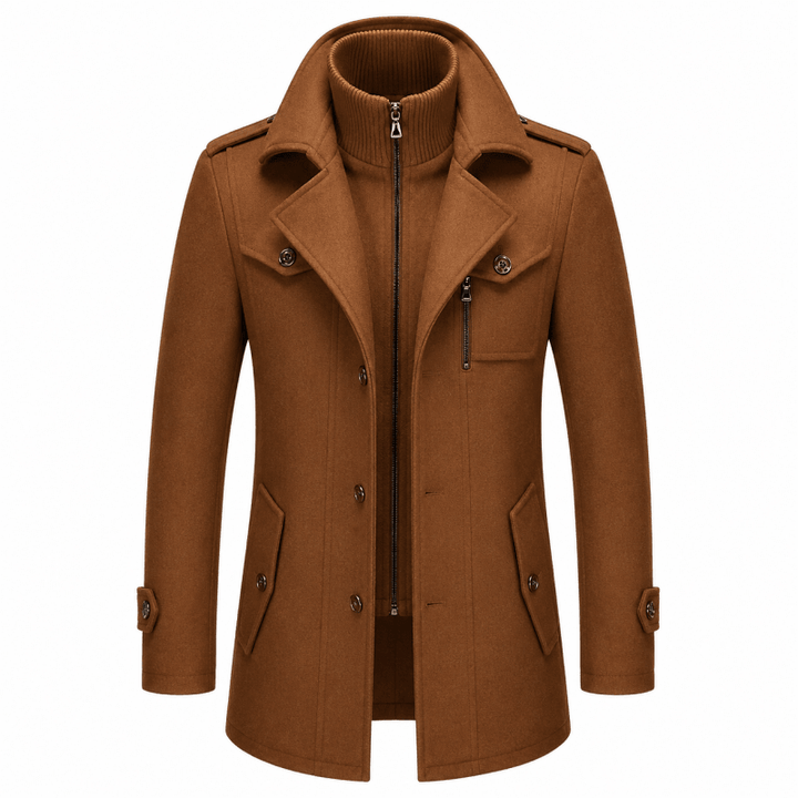 Men's Wool Overcoat with Knit Funnel Collar