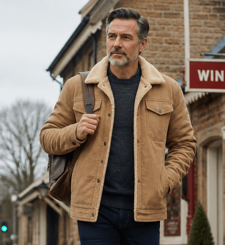 Men's Fleece-Lined Trucker Jacket with Chest Pockets