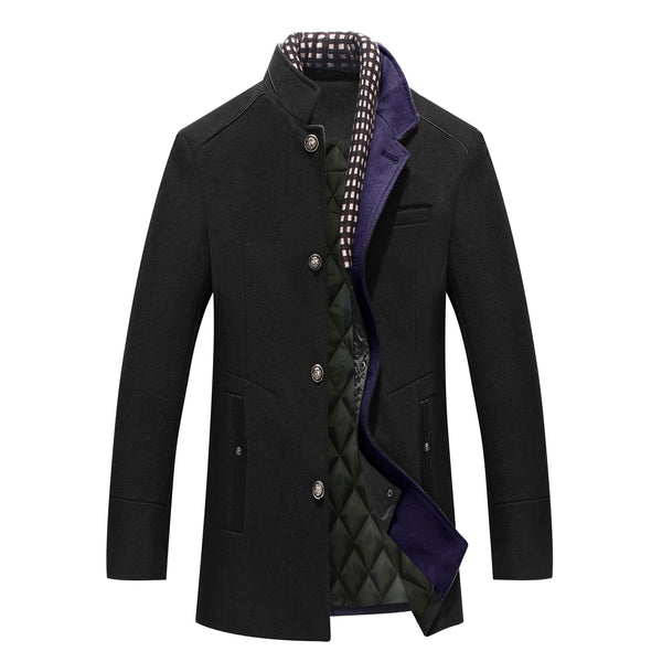 Men's Wool Stand Collar Winter Coat with Quilted Lining