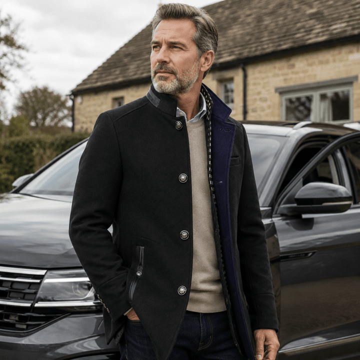 Men's Wool-Blend Longline Coat with Contrast Collar