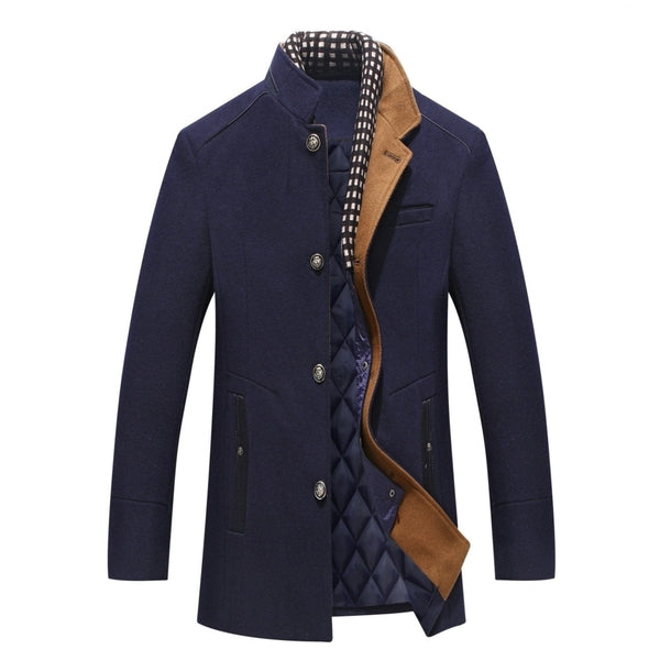 Men's Wool Stand Collar Winter Coat with Quilted Lining