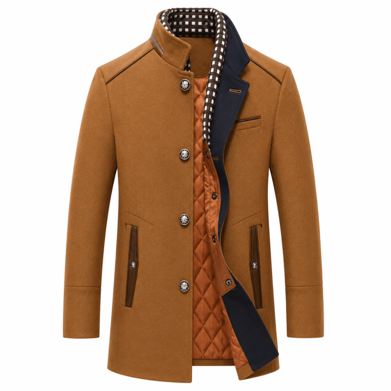 Men's Wool-Blend Longline Coat with Contrast Collar