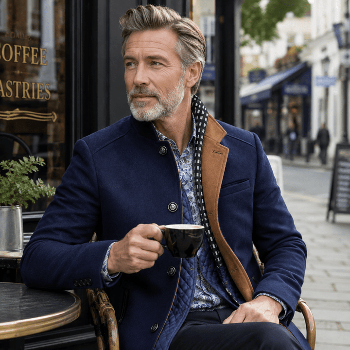 Men's Wool-Blend Longline Coat with Contrast Collar