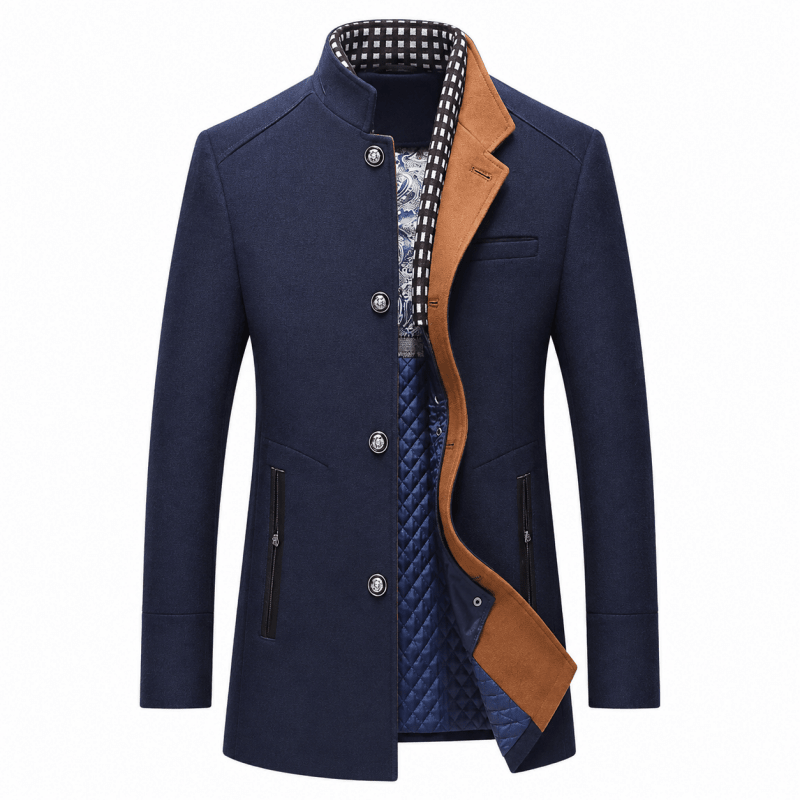 Men's Wool-Blend Longline Coat with Contrast Collar