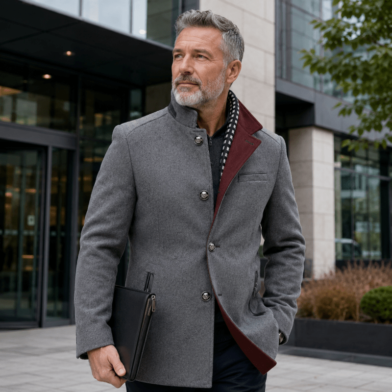 Men's Wool-Blend Longline Coat with Contrast Collar