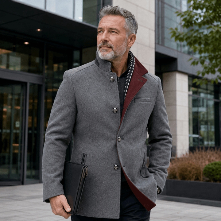 Men's Wool-Blend Longline Coat with Contrast Collar
