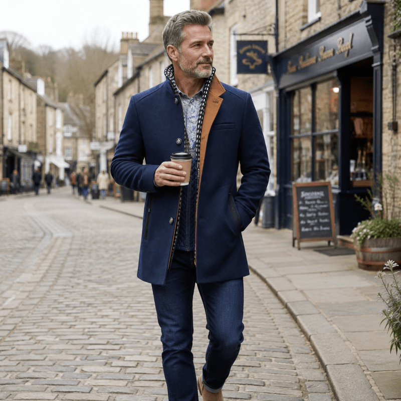 Men's Wool-Blend Longline Coat with Contrast Collar