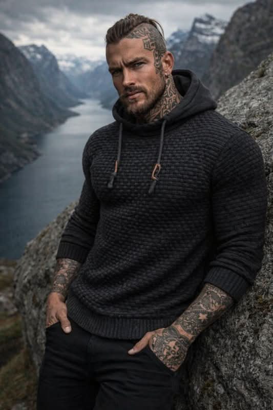 Men's Textured Knit Hooded Jumper
