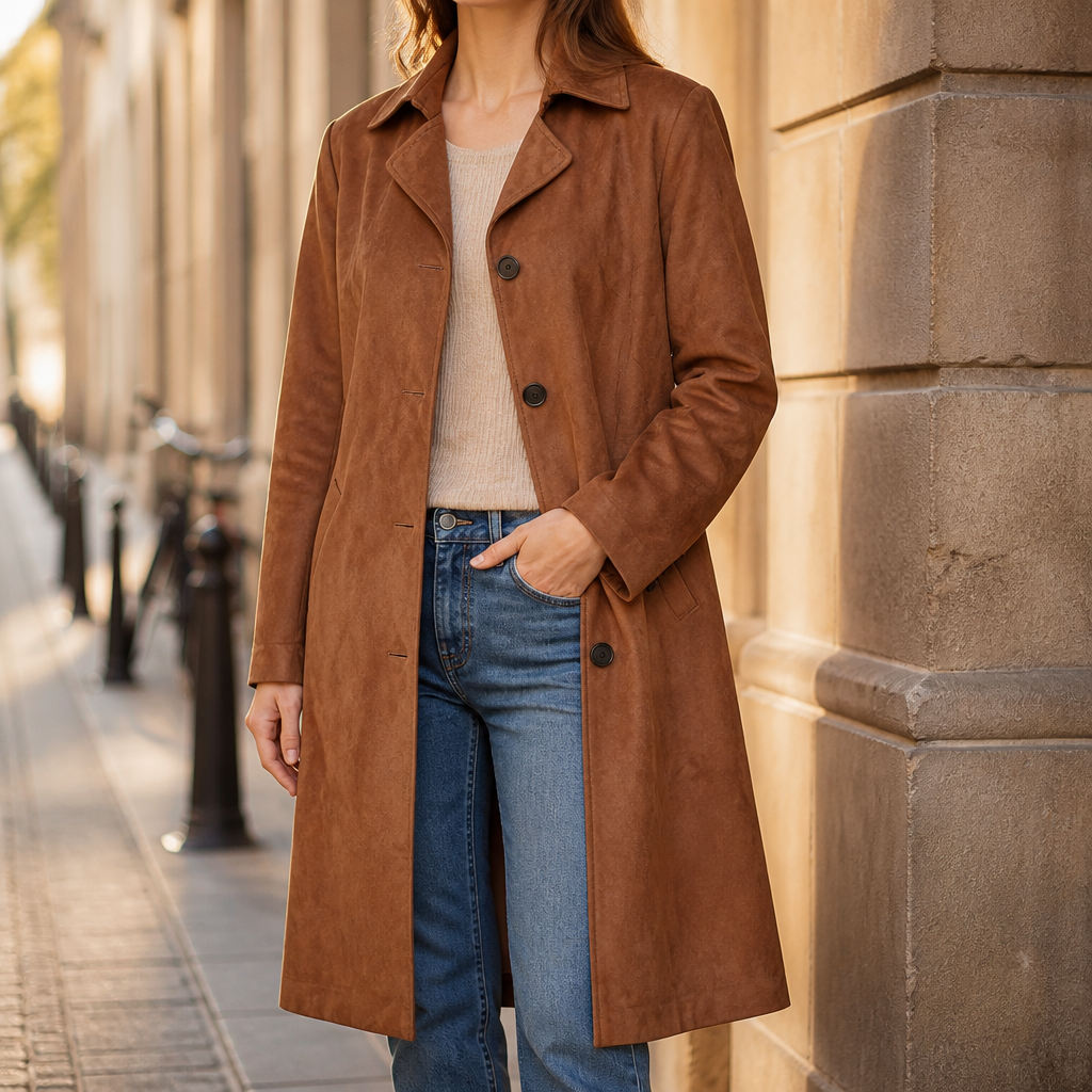 Women's Suedette Longline Trench Coat with Four-Button Front