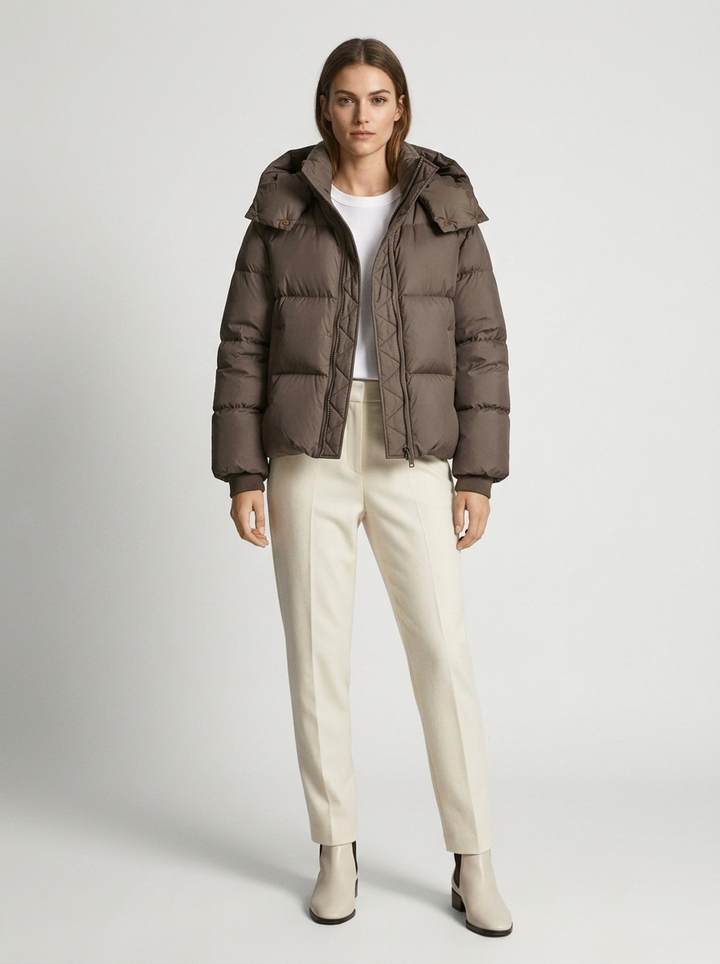 Women's Puffer Jacket with Funnel Neck and Drawstring Hem