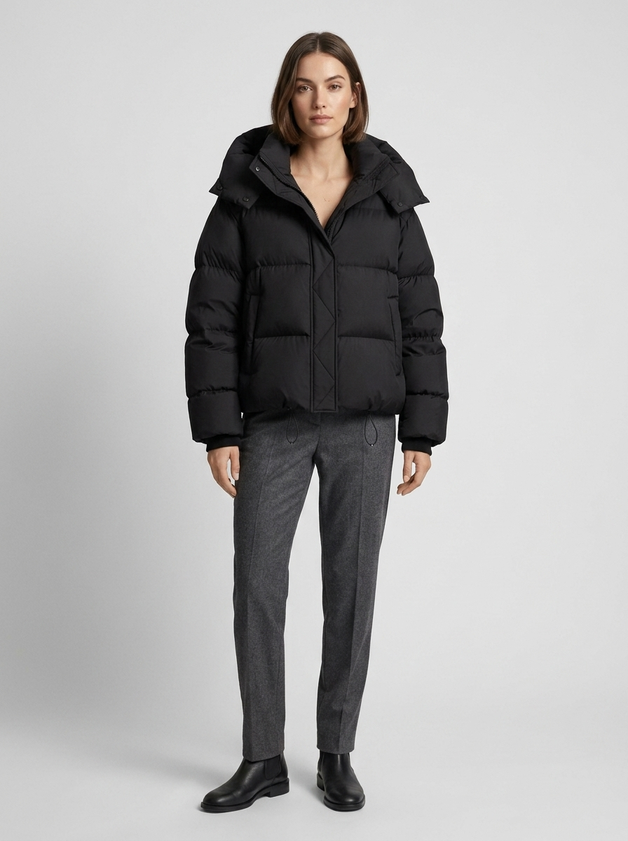 Women's Puffer Jacket with Funnel Neck and Drawstring Hem