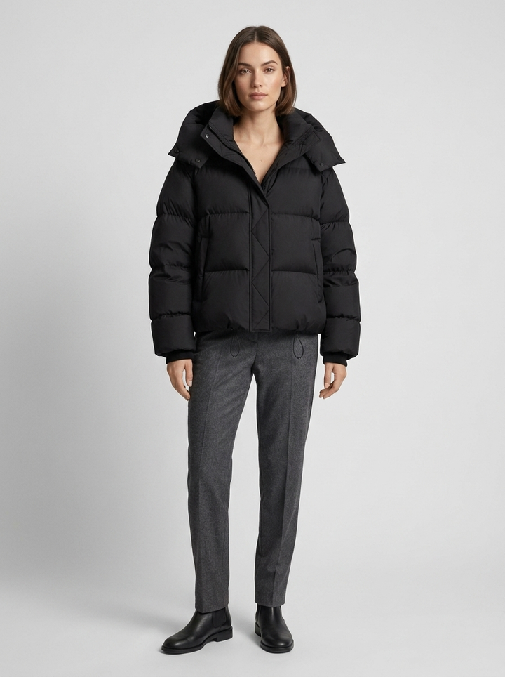Women's Puffer Jacket with Funnel Neck and Drawstring Hem