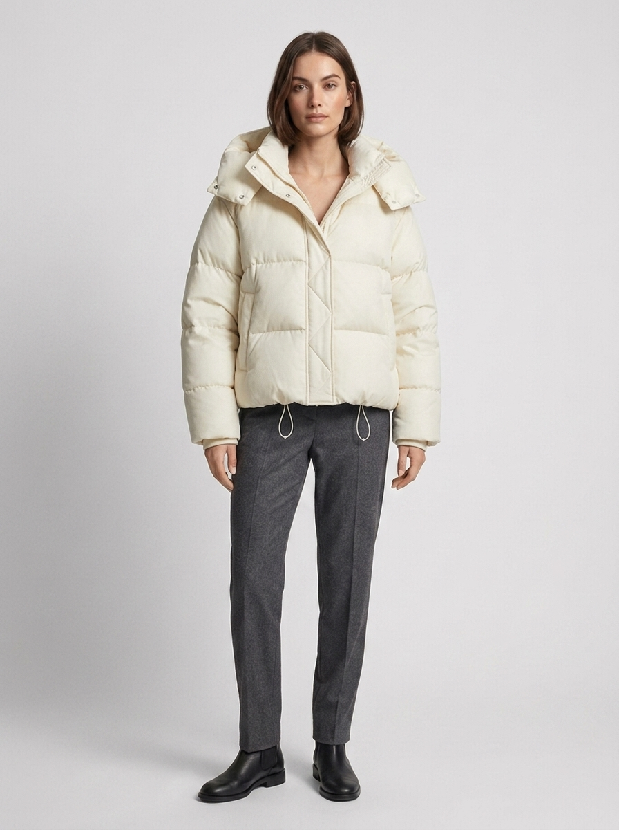 Women's Puffer Jacket with Funnel Neck and Drawstring Hem