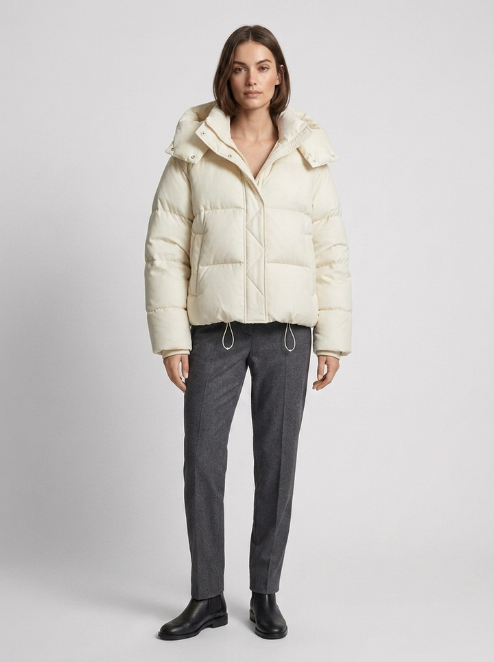 Women's Puffer Jacket with Funnel Neck and Drawstring Hem