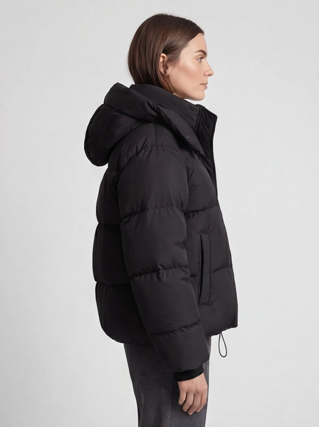 Women's Puffer Jacket with Funnel Neck and Drawstring Hem