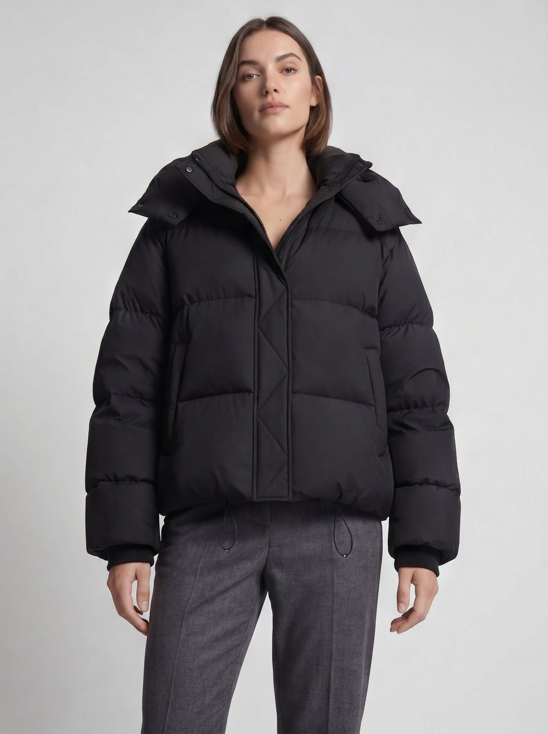 Women's Puffer Jacket with Funnel Neck and Drawstring Hem
