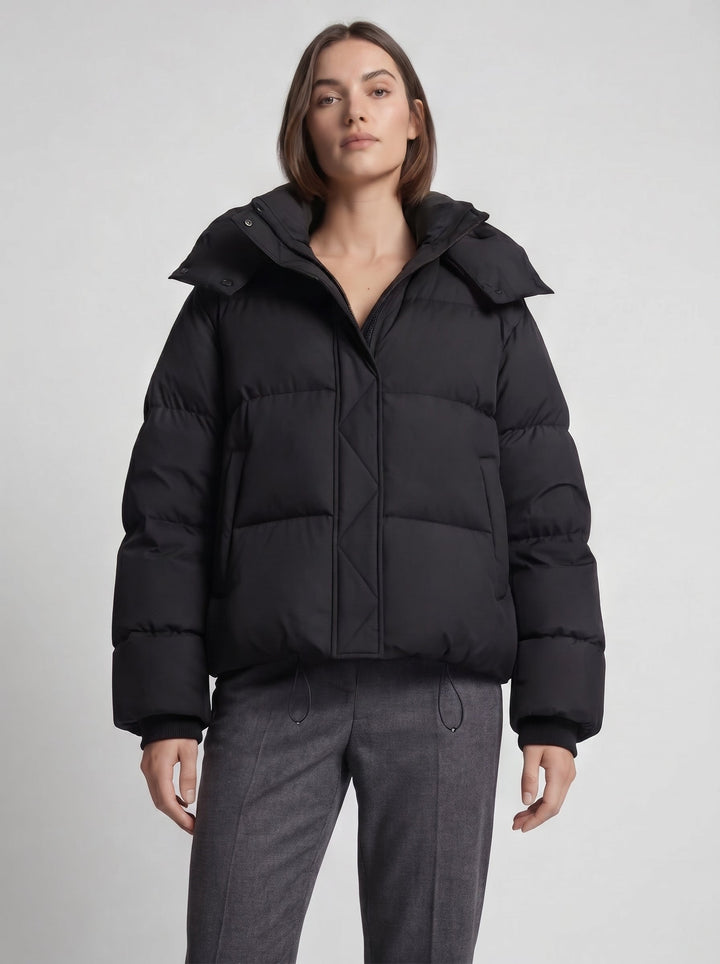 Women's Puffer Jacket with Funnel Neck and Drawstring Hem
