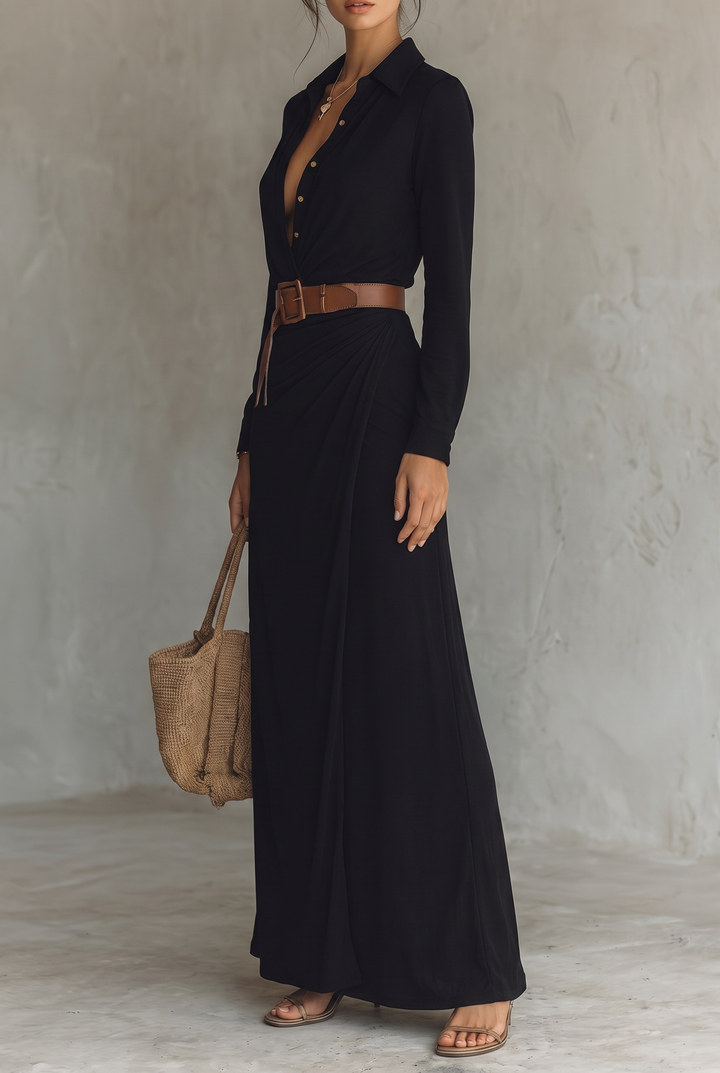 Women's Belted Shirt Maxi Dress with Lapel Collar