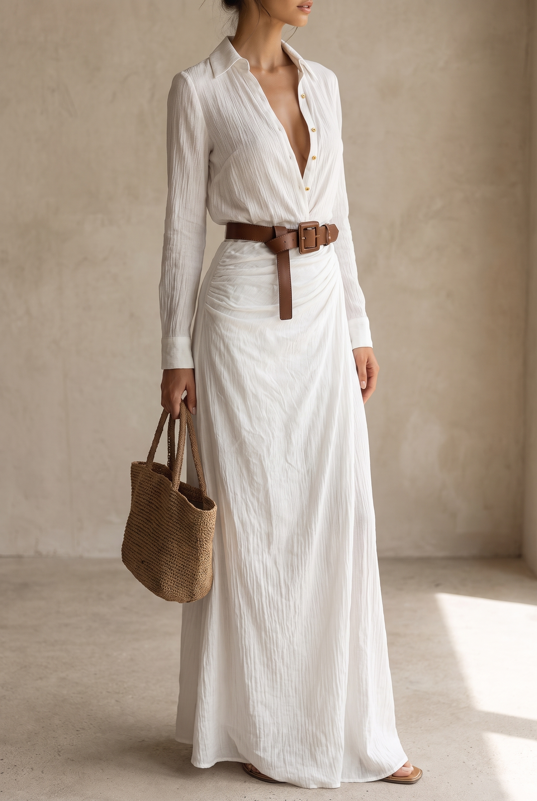 Women's Belted Shirt Maxi Dress with Lapel Collar