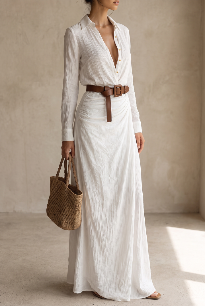 Women's Belted Shirt Maxi Dress with Lapel Collar