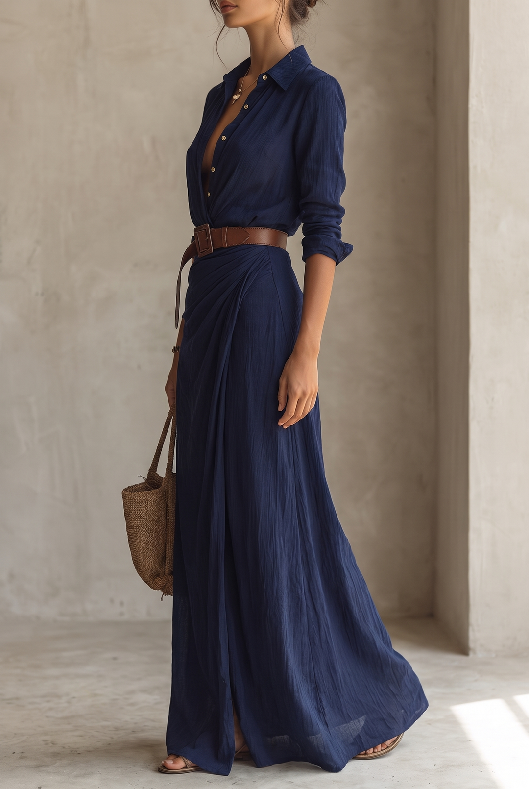 Women's Belted Shirt Maxi Dress with Lapel Collar