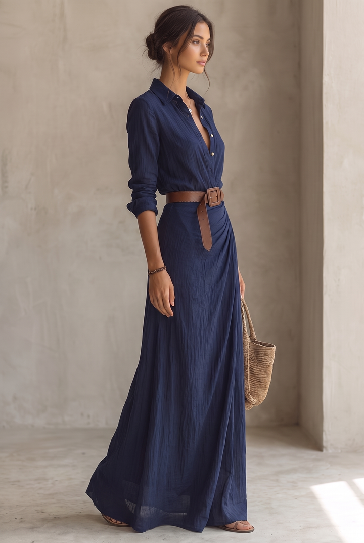 Women's Belted Shirt Maxi Dress with Lapel Collar