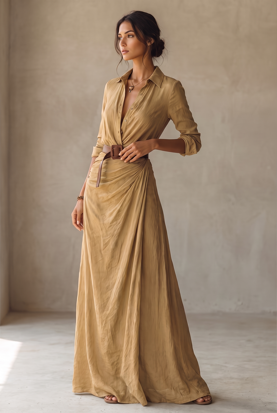 Women's Belted Shirt Maxi Dress with Lapel Collar