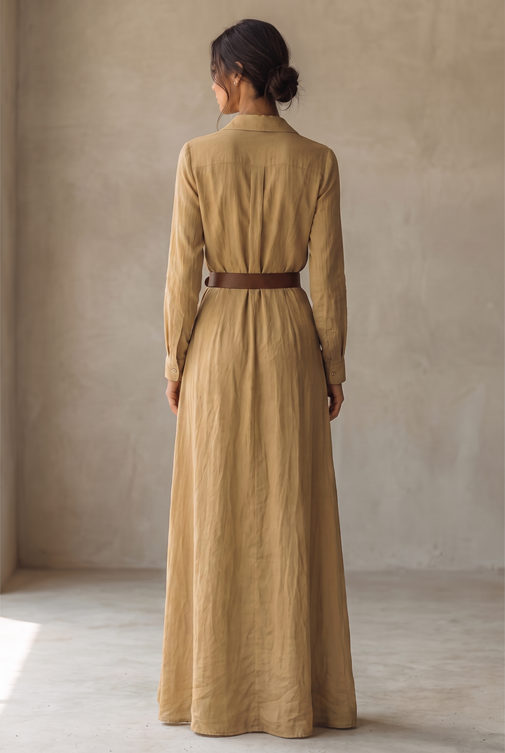 Women's Belted Shirt Maxi Dress with Lapel Collar