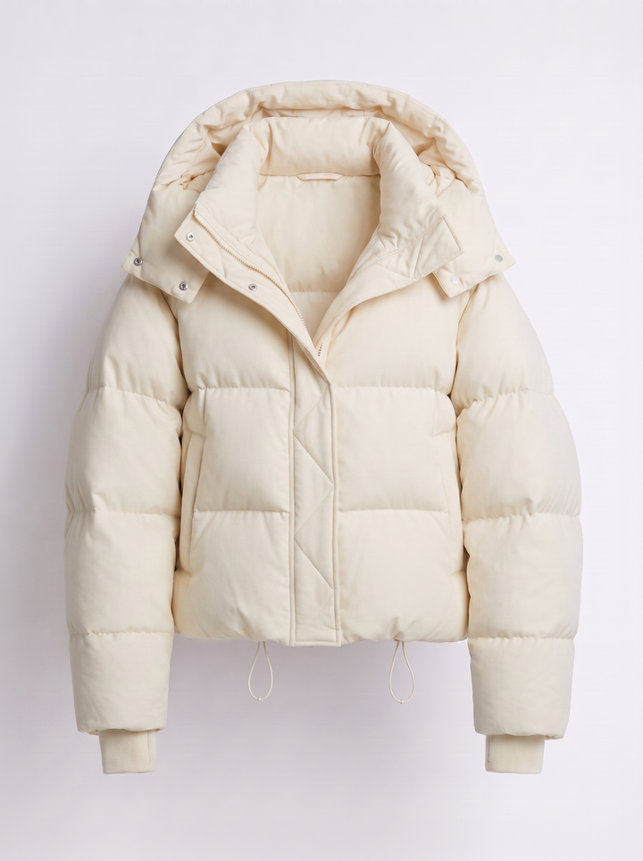 Women's Puffer Jacket with Funnel Neck and Drawstring Hem